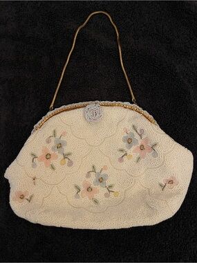 Antique Hand Beaded Purse Made in France Caprice Opera White Floral Handbag